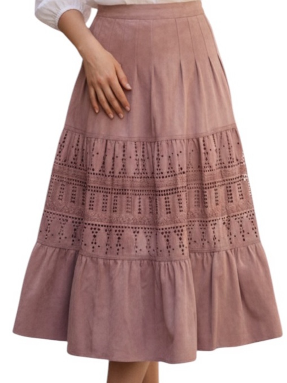 Anthropologie NWT Mauve Pink Suede Leather Full Tiered Skirt 10
